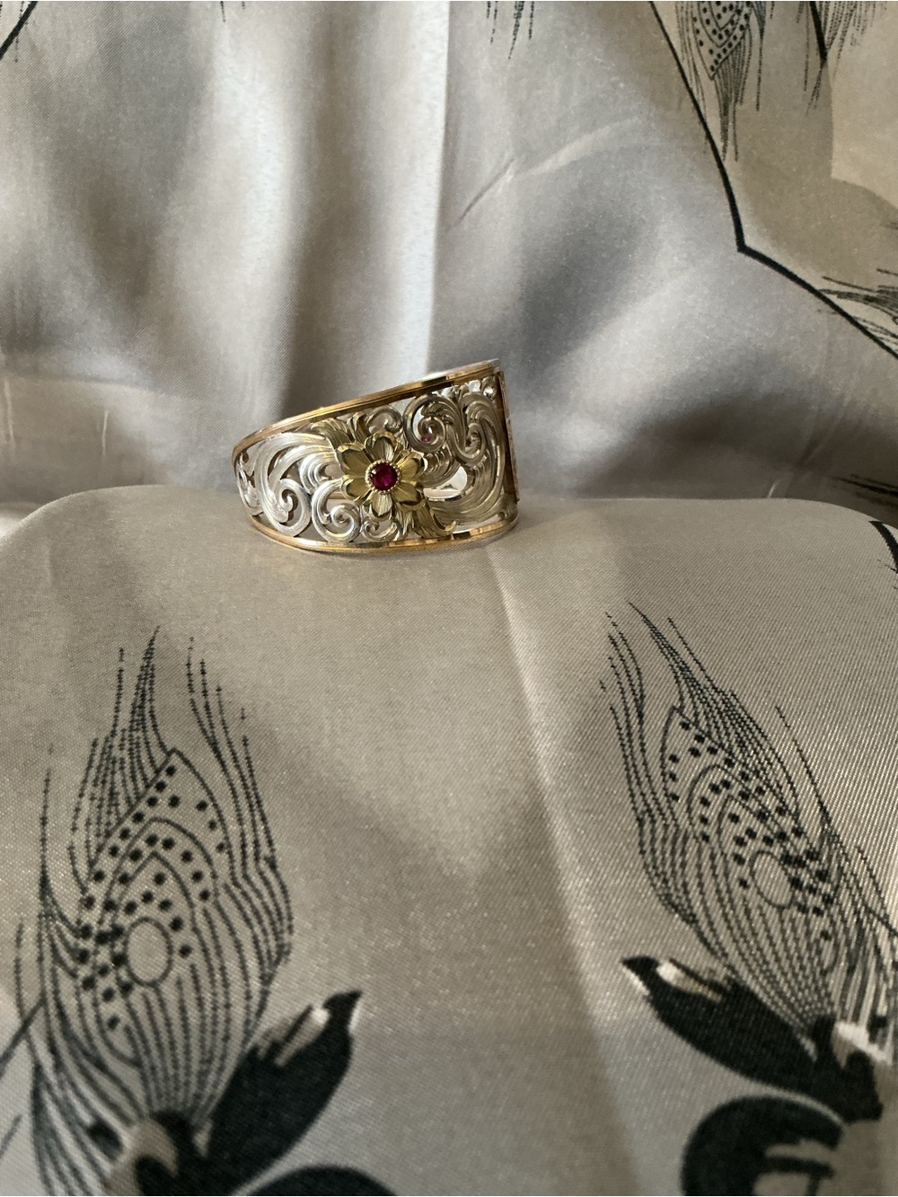 Montana Silversmiths Two-Tone NFR Western Scroll Cuff Bracelet with Ruby Accents - Picture 5 of 8